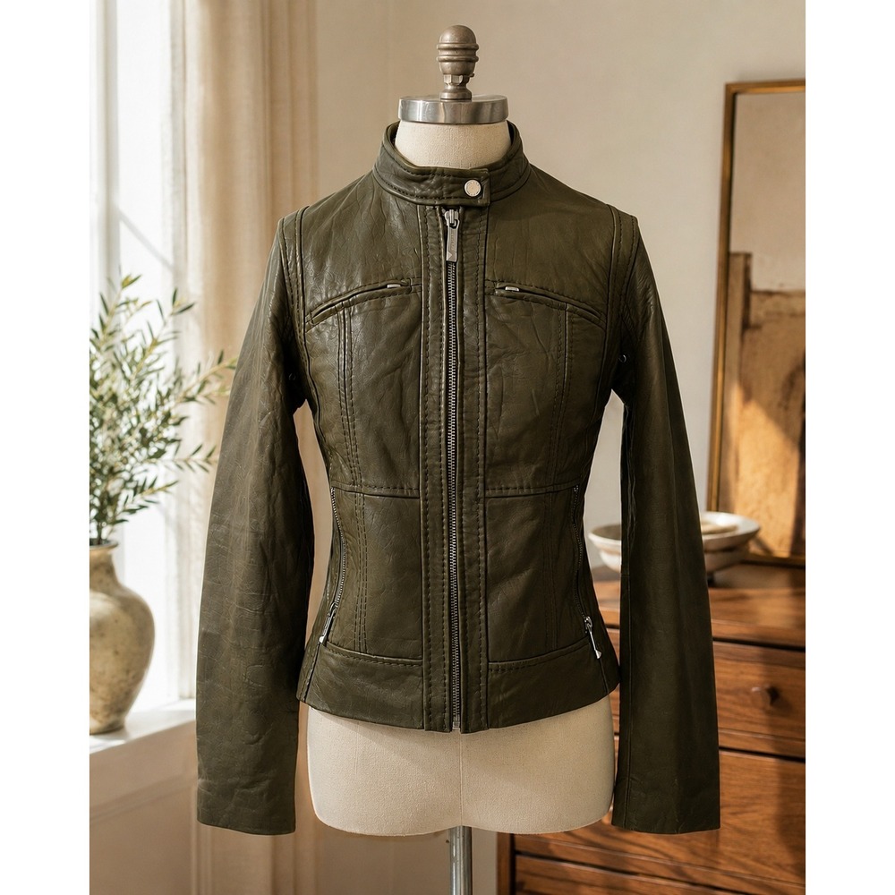 Michael Michael Kors Olive Green Leather Cafe Racer Jacket XS‎ Moto Biker Zip